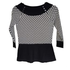 White House Black Market Black and White Geo Peplum 3/4 Sleeve Knit Sweater XS